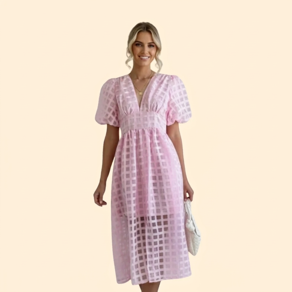 Women's Grid Pattern V-Neck Puff Sleeve Midi Dress