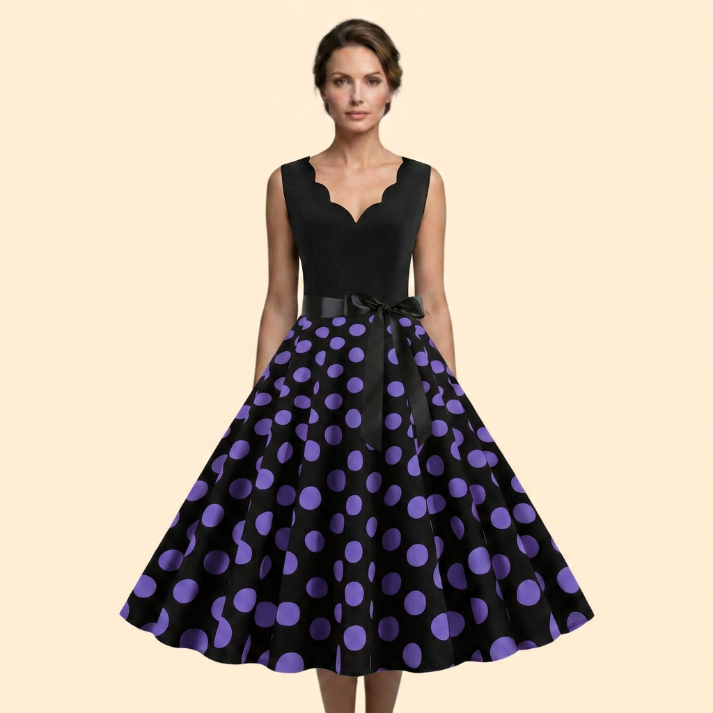 Women’s Retro Polka Dot Rockabilly Midi Dress with Sleeveless Bodice