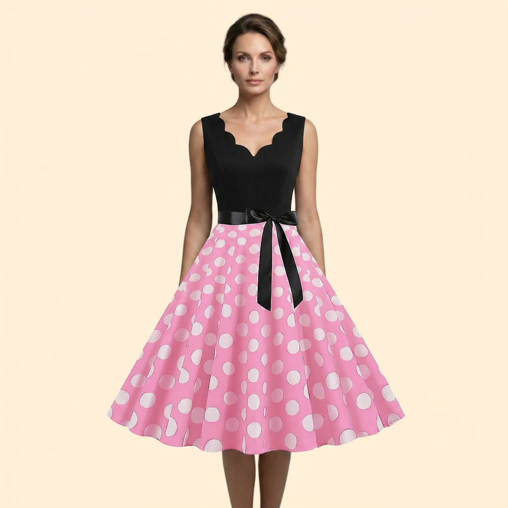 Women’s Retro Polka Dot Rockabilly Midi Dress with Sleeveless Bodice