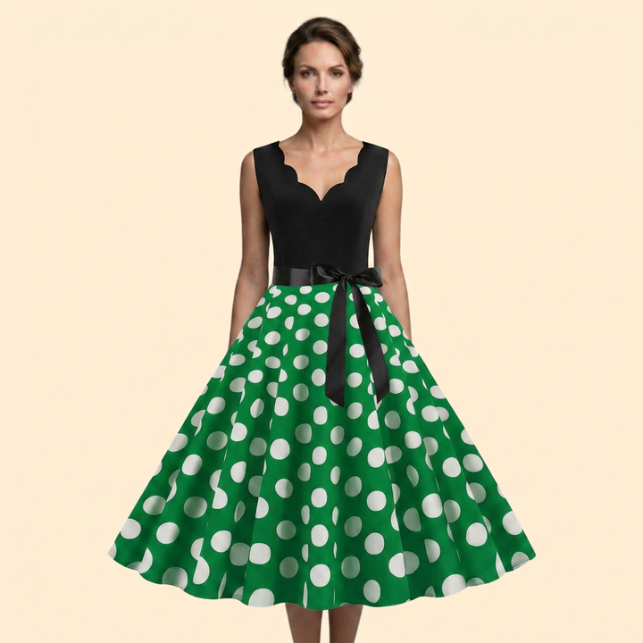 Women’s Retro Polka Dot Rockabilly Midi Dress with Sleeveless Bodice