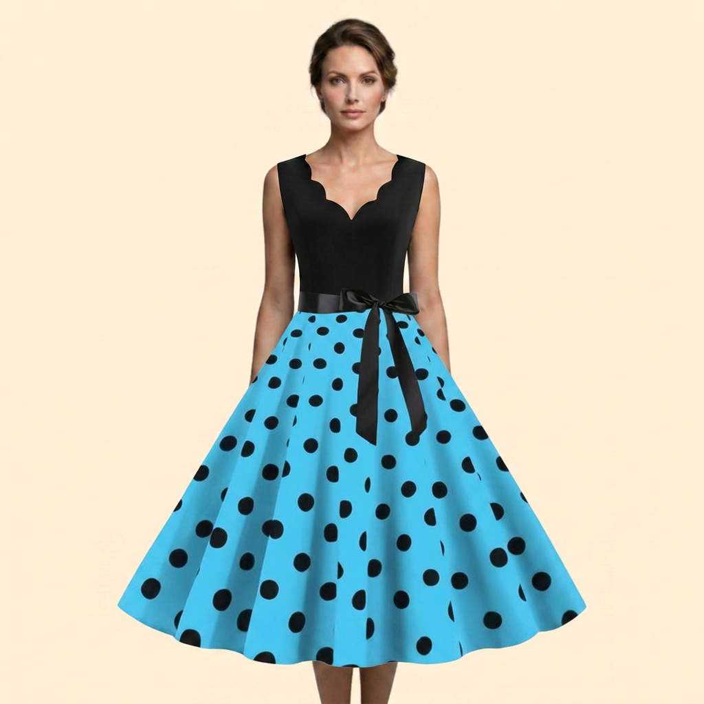 Women’s Retro Polka Dot Rockabilly Midi Dress with Sleeveless Bodice
