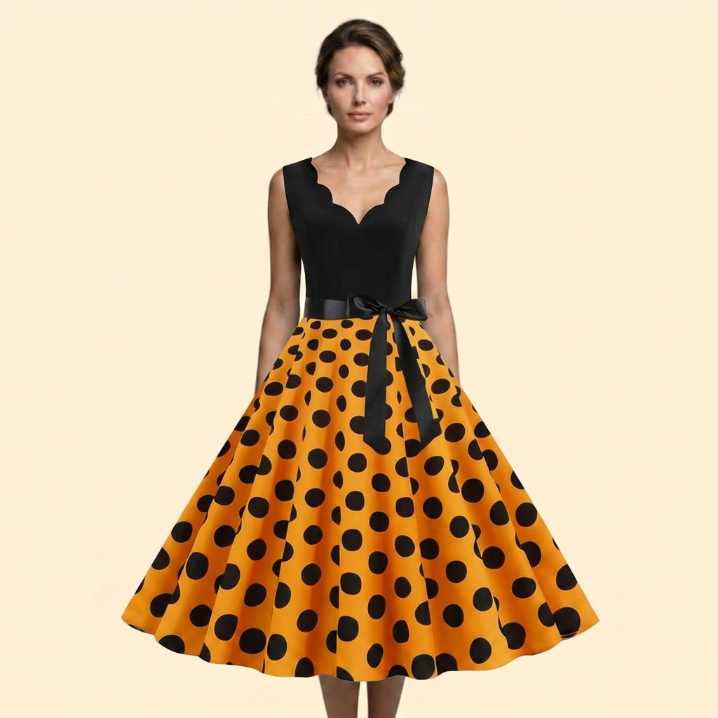 Women’s Retro Polka Dot Rockabilly Midi Dress with Sleeveless Bodice