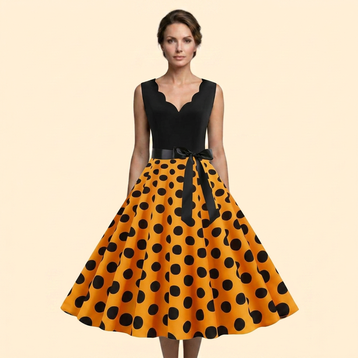Women’s Retro Polka Dot Rockabilly Midi Dress with Sleeveless Bodice