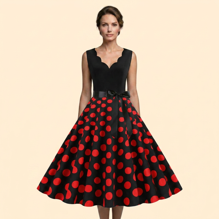 Women’s Retro Polka Dot Rockabilly Midi Dress with Sleeveless Bodice