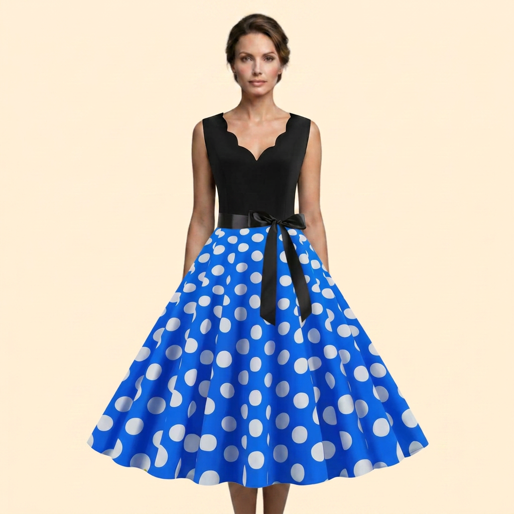Women’s Retro Polka Dot Rockabilly Midi Dress with Sleeveless Bodice