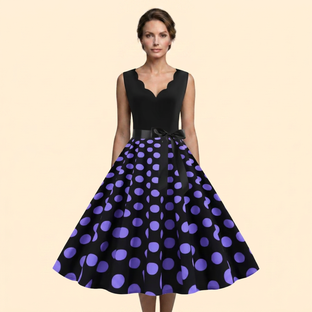 Women’s Retro Polka Dot Rockabilly Midi Dress with Sleeveless Bodice