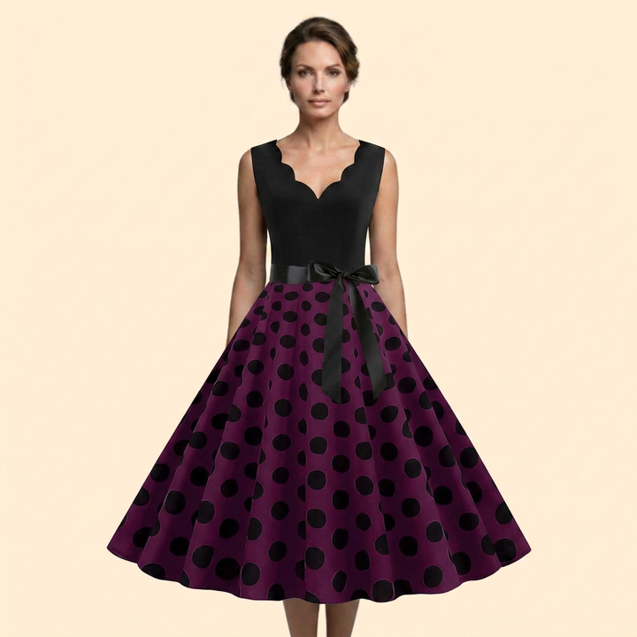 Women’s Retro Polka Dot Rockabilly Midi Dress with Sleeveless Bodice