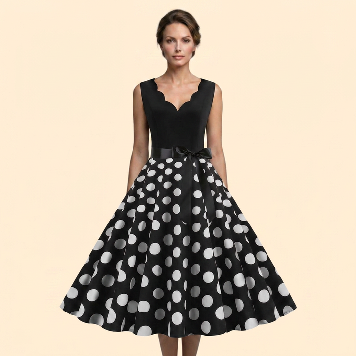 Women’s Retro Polka Dot Rockabilly Midi Dress with Sleeveless Bodice