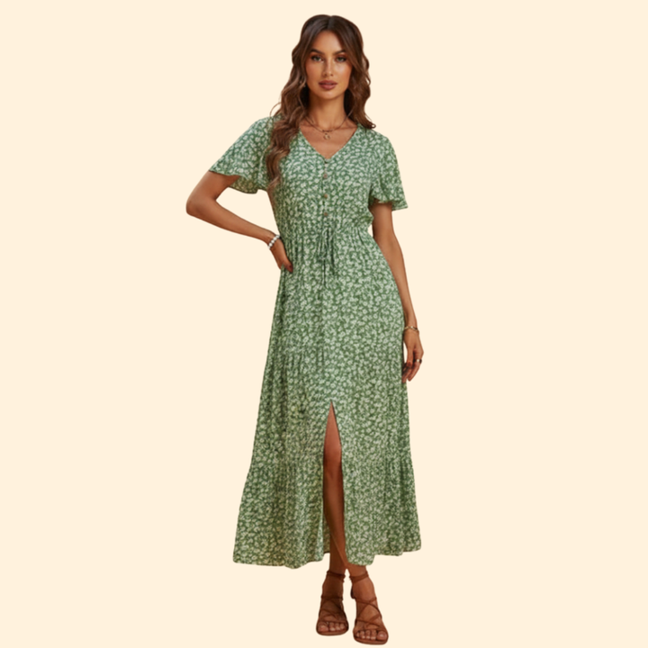 Summer Maxi Dress with V-Neck and Drawstring