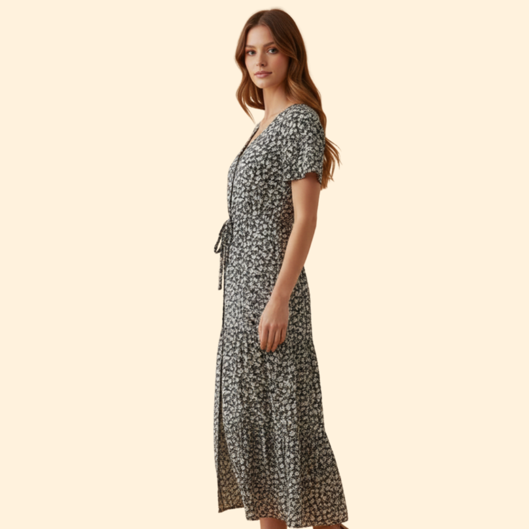 Summer Maxi Dress with V-Neck and Drawstring