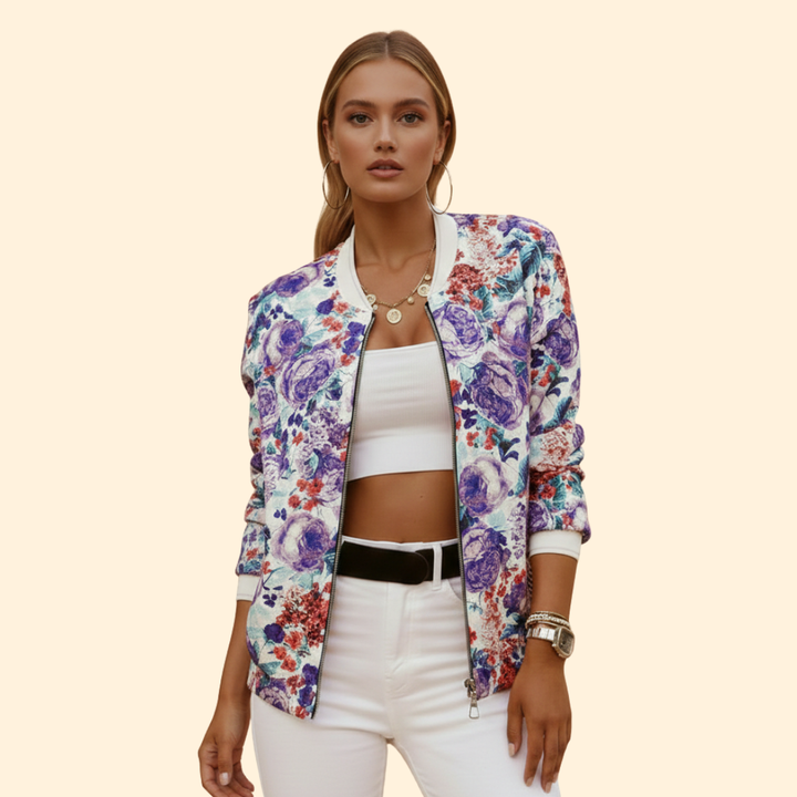 Women’s Fashion Bomber Jacket with Floral Print Design