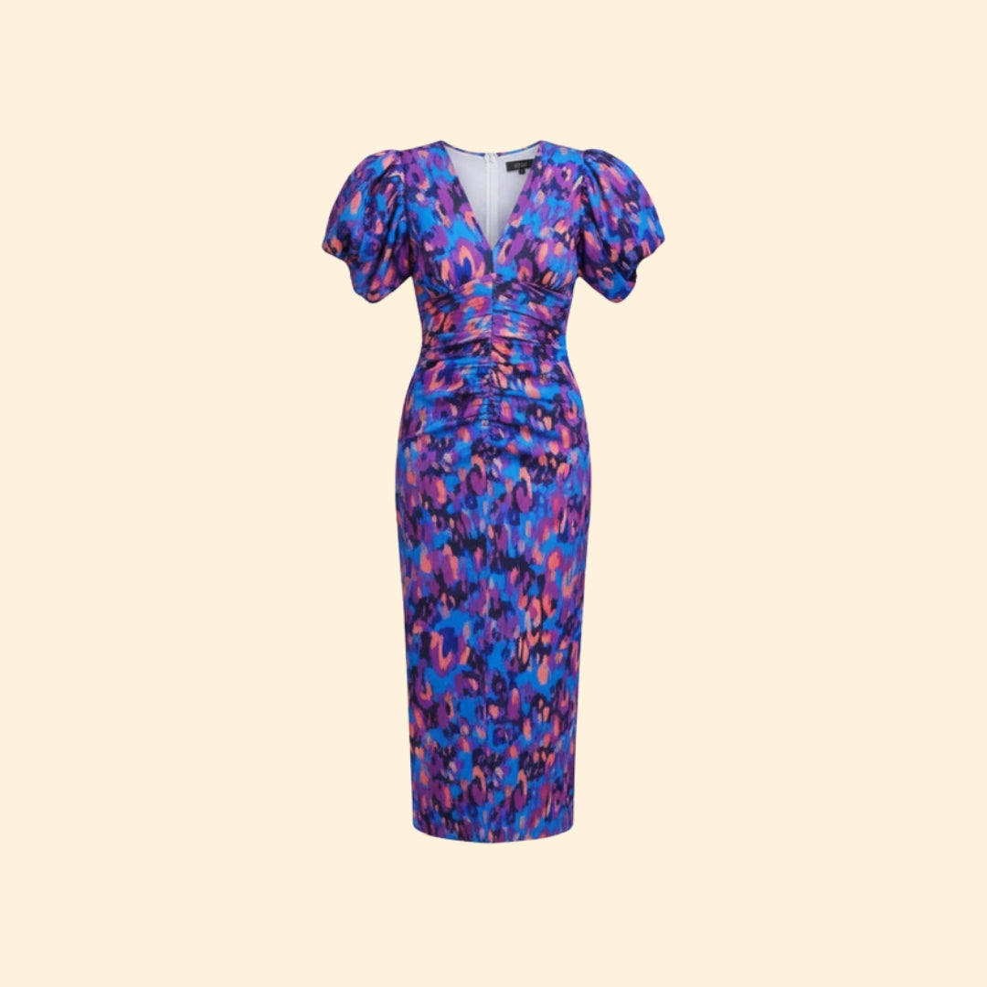 Women’s Puff Sleeve Midi Dress with V-Neckline