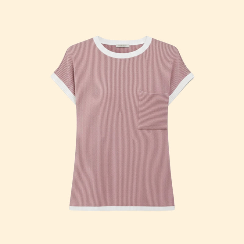 Women’s Short Sleeve Top with Ribbed Design and Pocket