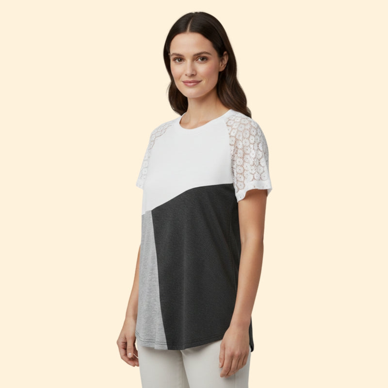 Women’s T-Shirt with Lace Sleeves and Color Block Design