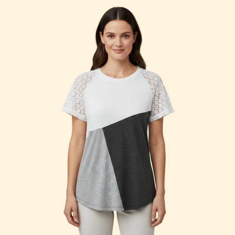 Women’s T-Shirt with Lace Sleeves and Color Block Design