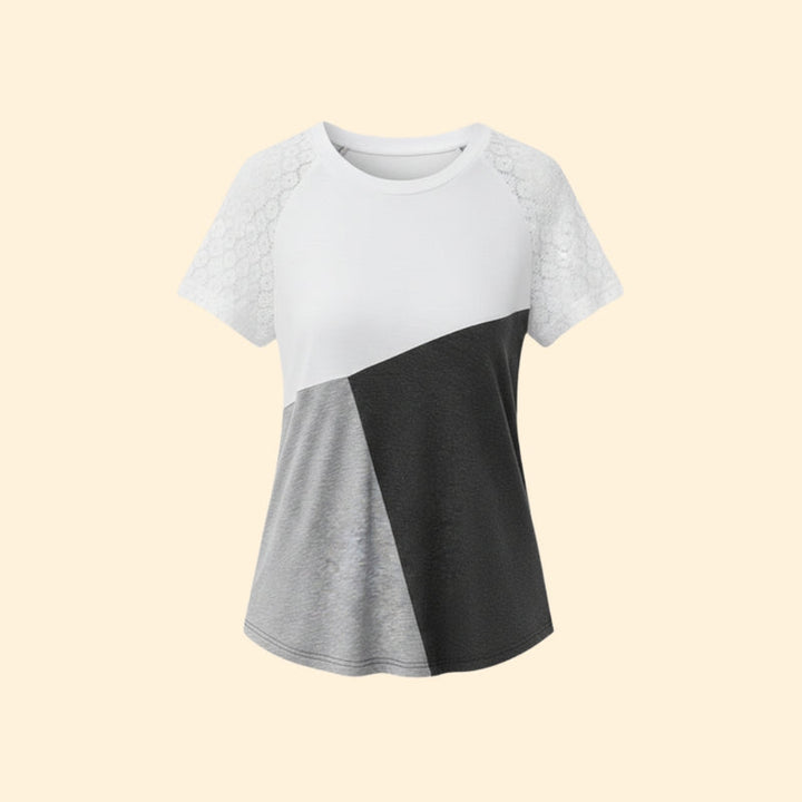 Women’s T-Shirt with Lace Sleeves and Color Block Design