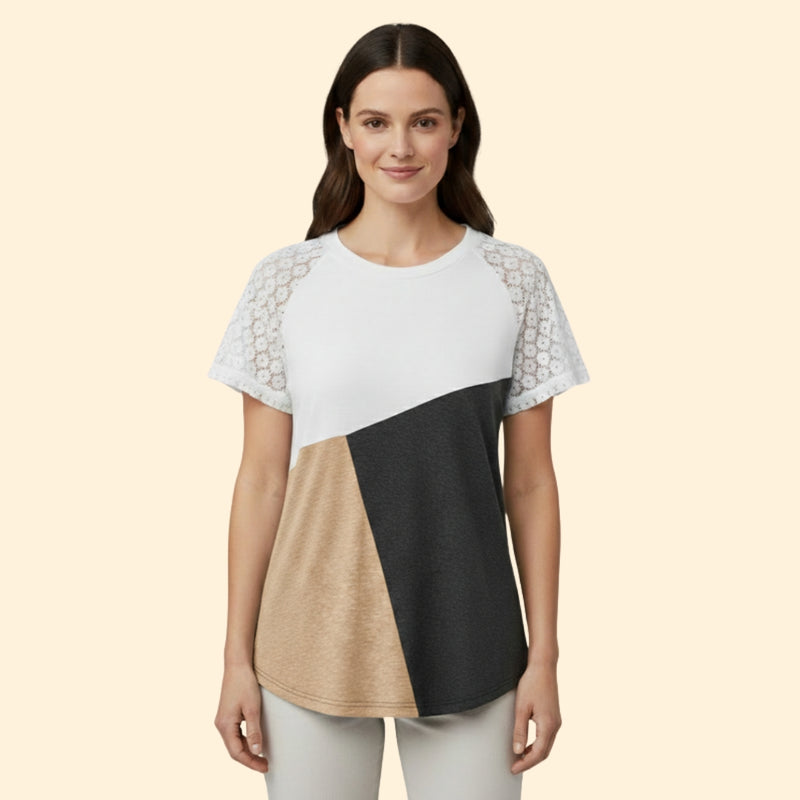 Women’s T-Shirt with Lace Sleeves and Color Block Design