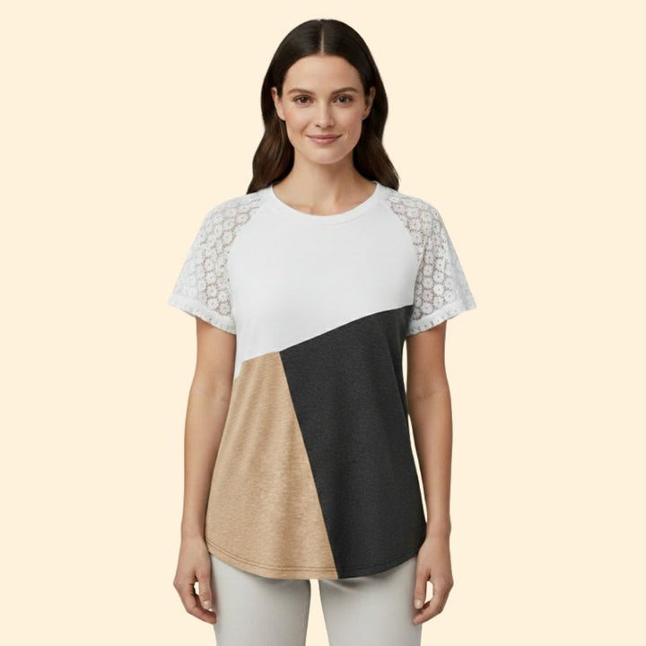 Women’s T-Shirt with Lace Sleeves and Color Block Design