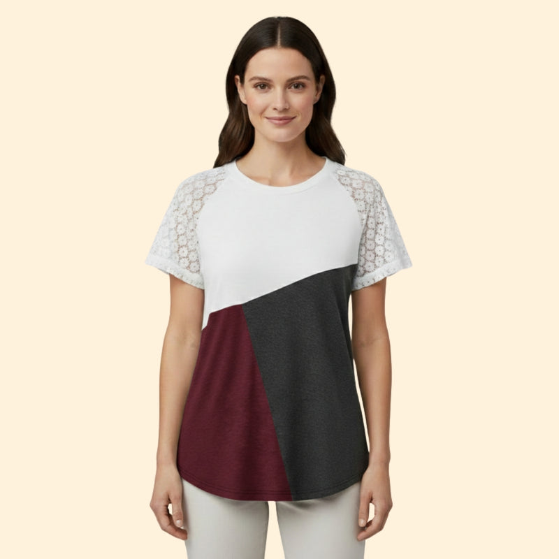 Women’s T-Shirt with Lace Sleeves and Color Block Design