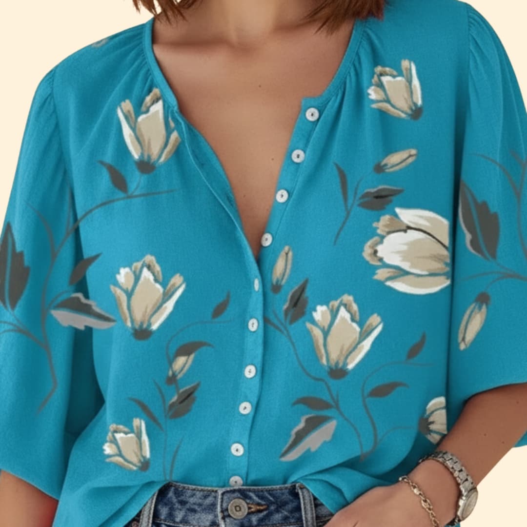 Women’s V-neck Floral Blouse with Button Front